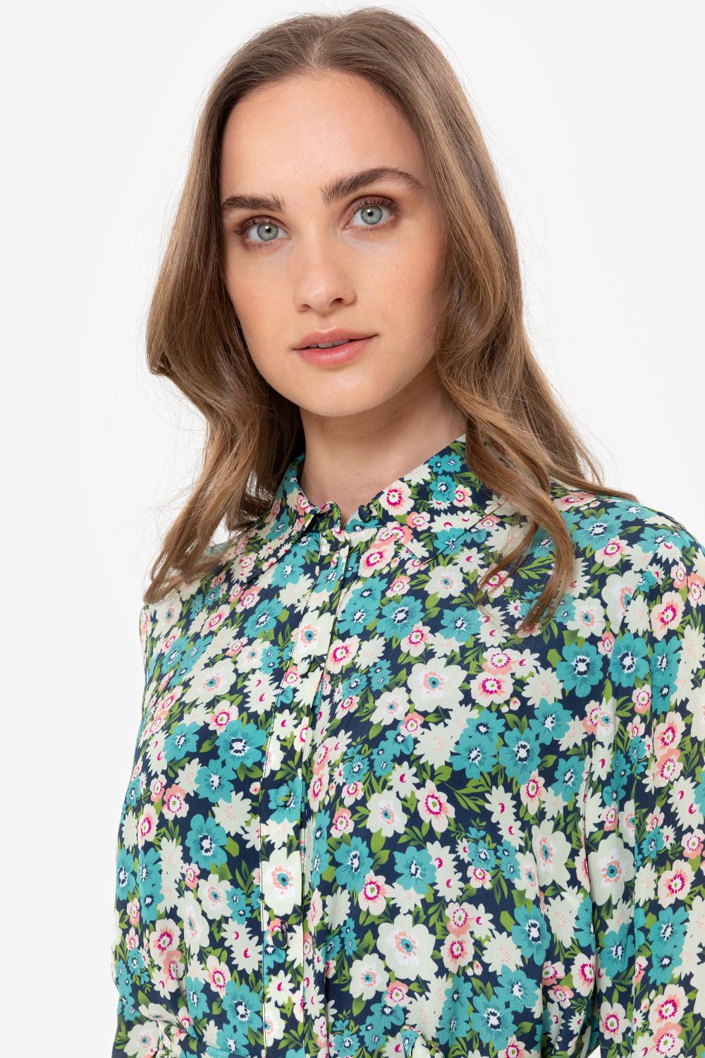 Lange jurk met turquoise en roze bloemenprint