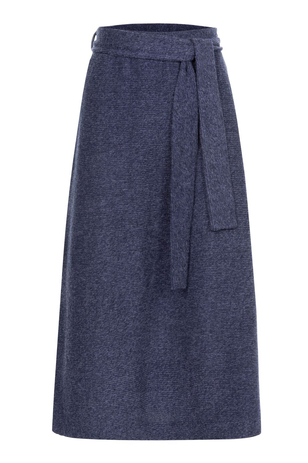 Blauwe tricot midirok met tailleceintuur