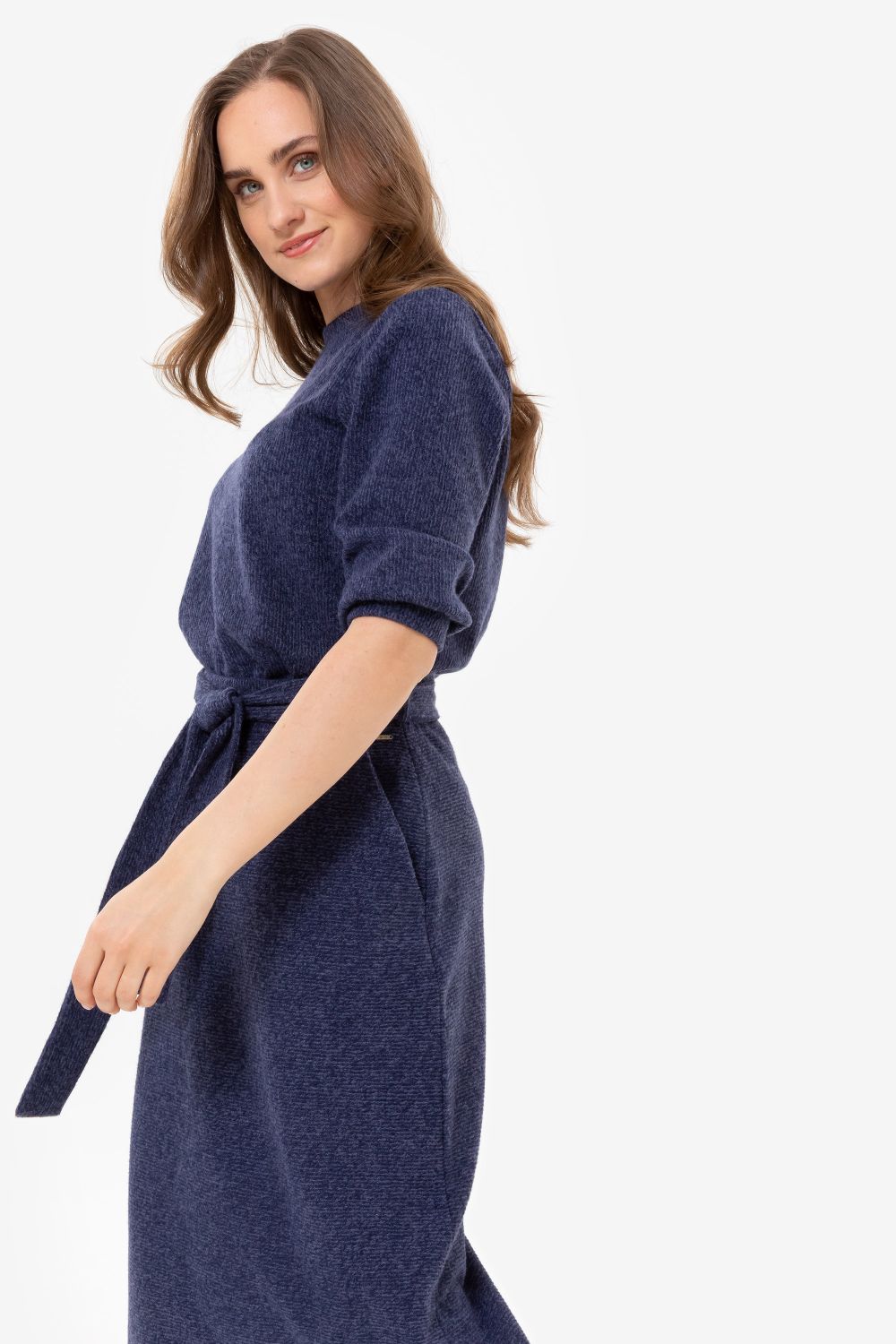 Blauwe tricot midirok met tailleceintuur