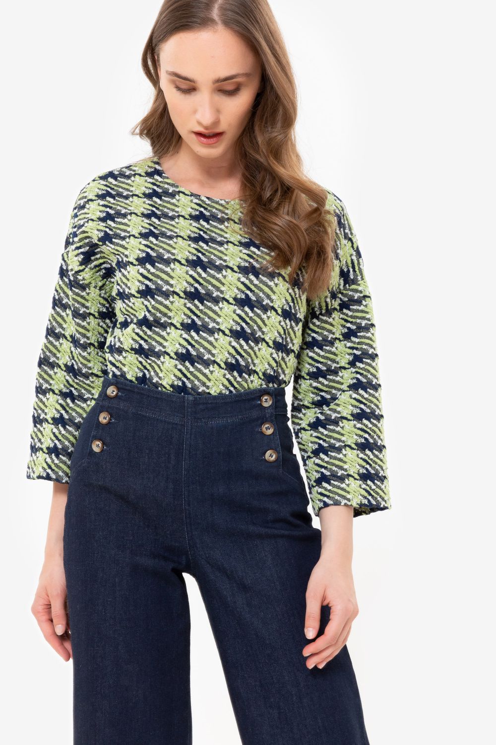 Top met 3/4 mouwen en groen-blauwe print