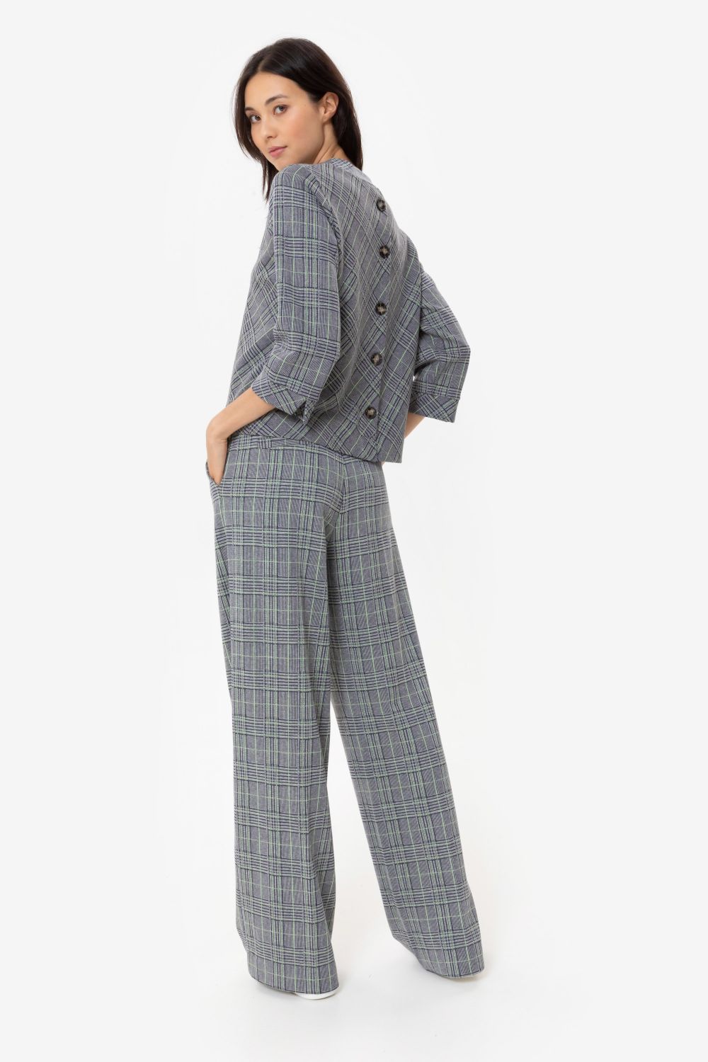 Pantalon à carreaux bleu-vert et gris, coupe ample