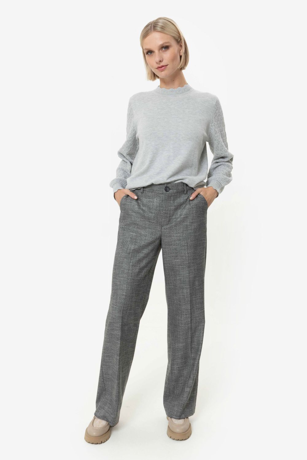 Donkergrijze cropped broek met tweedlook