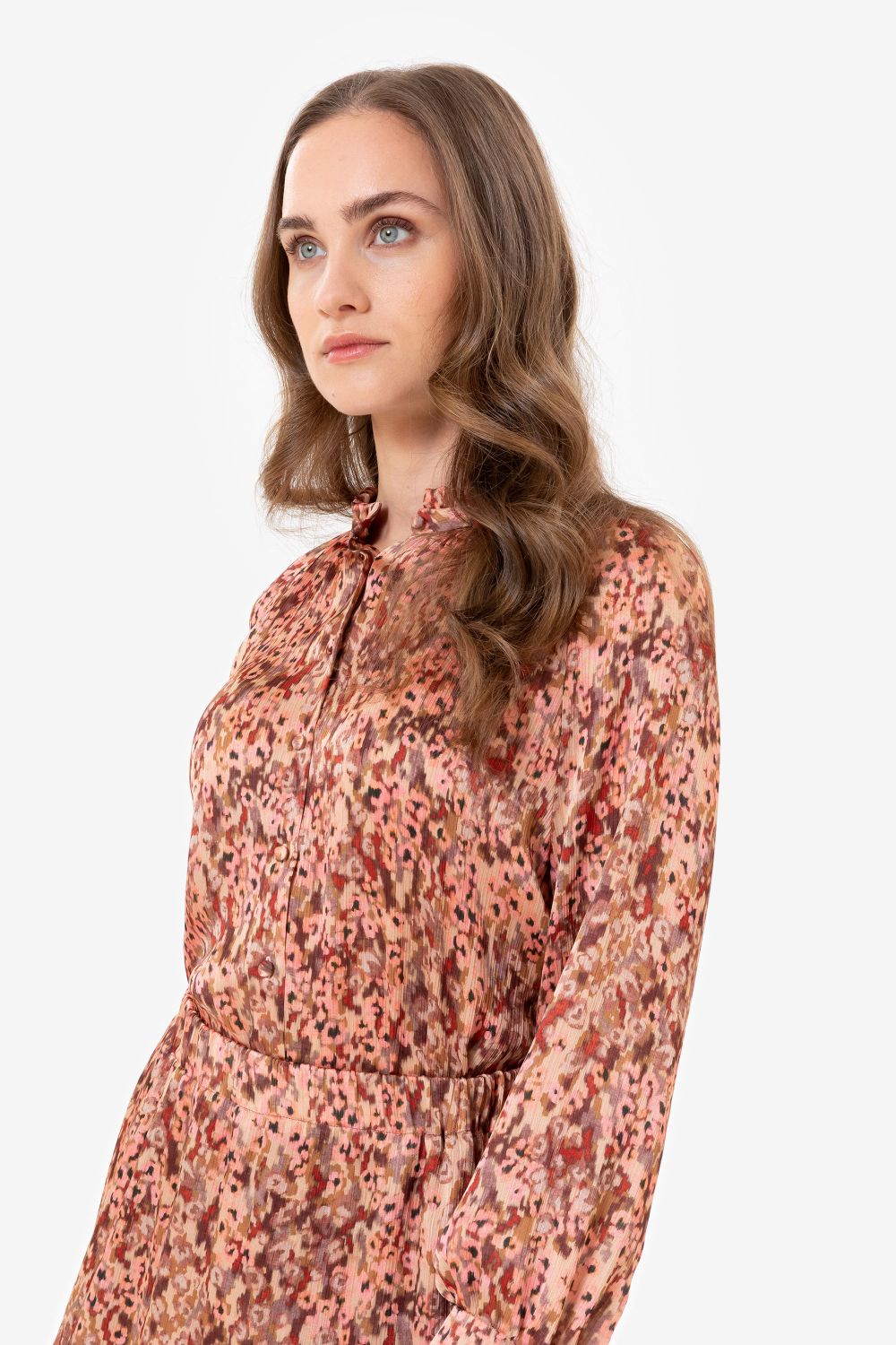 Beige-bruine blouse met roze bloemenprint