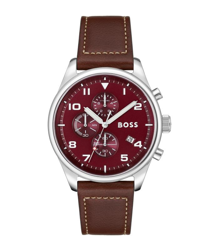 Boss - View - Homme -  Bracelet Camel -  Cadran Rouge - Boitier Argenté - 44 Mm - 5 Atm