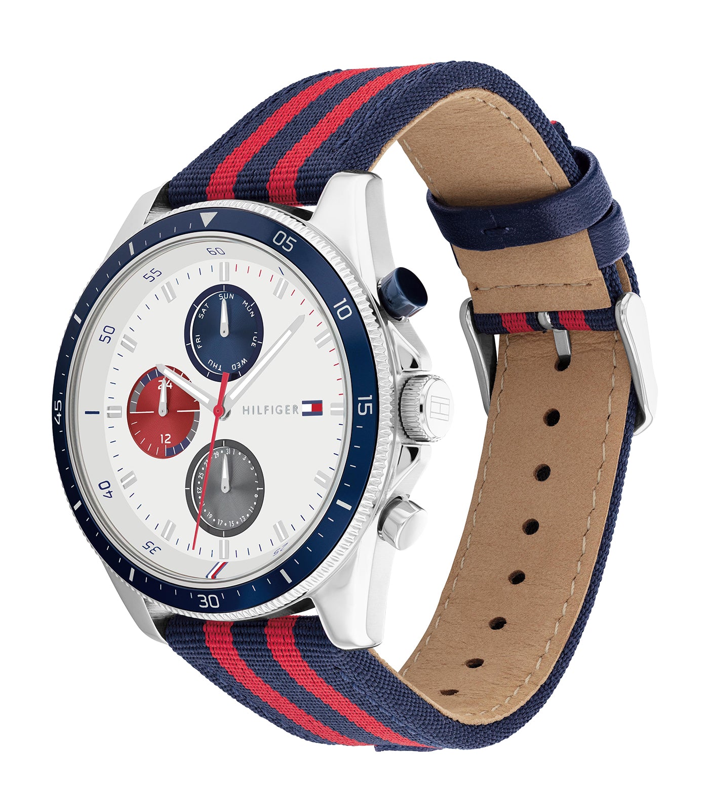 Tommy Hilfiger - Casual - Homme - Bracelet Bleu / Rouge- Cadran Blanc-Boitier Argenté