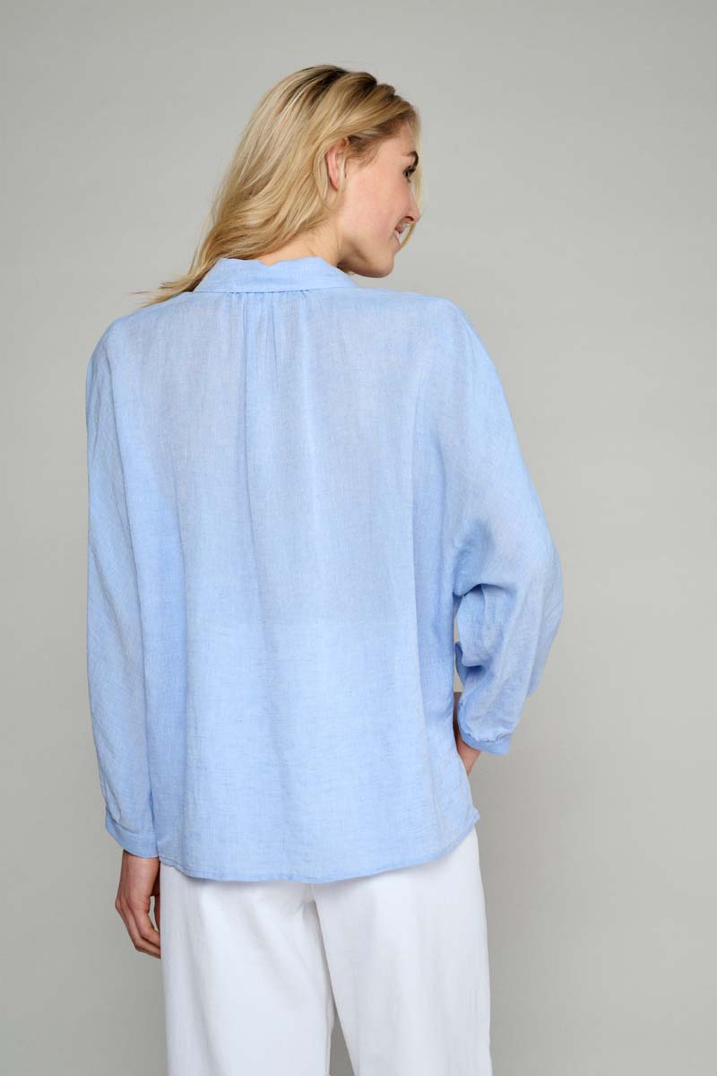 Leuke Bloes In Blauwe Viscose-Linnen - Blauw