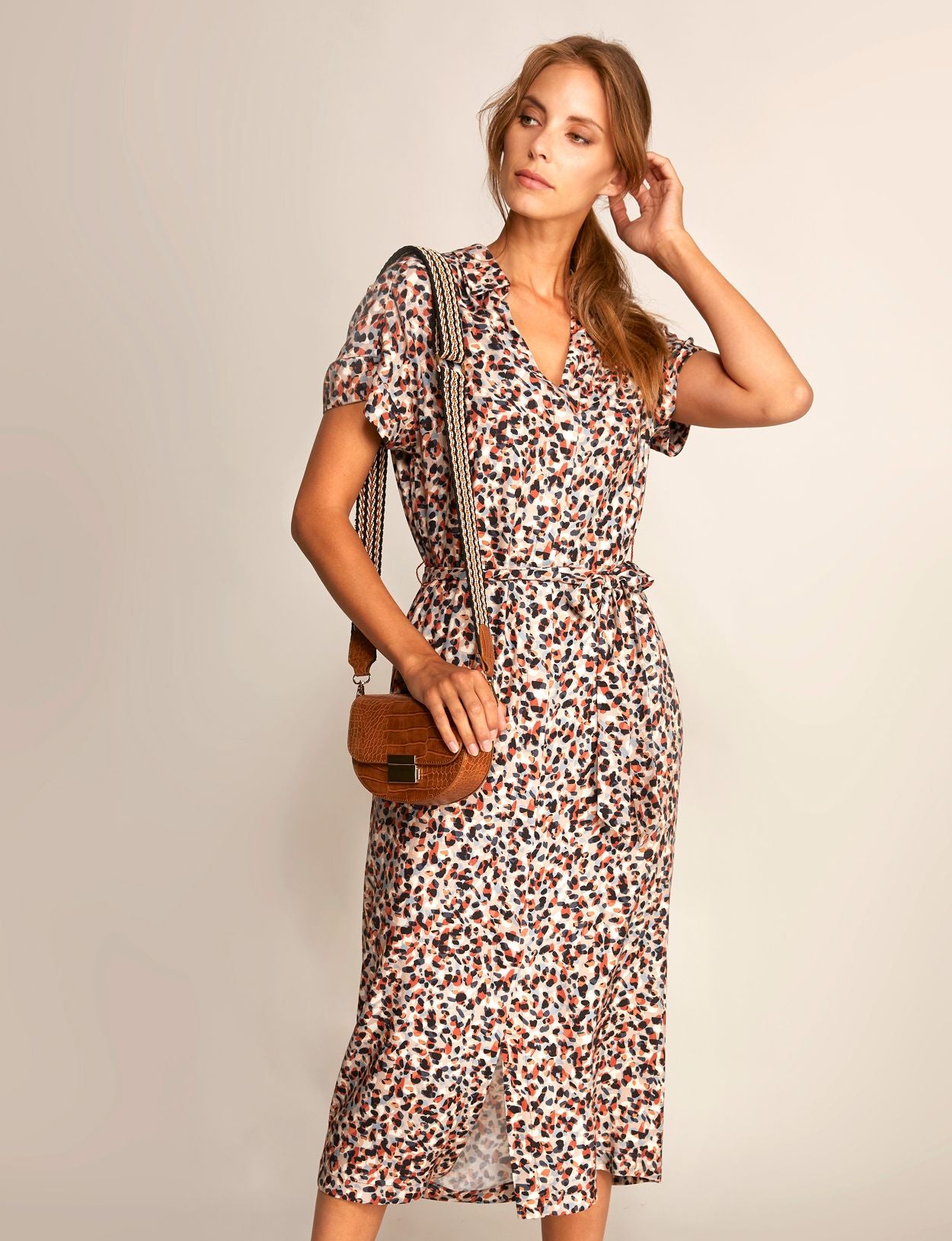 Femme Robe En Viscose À Manches Courtes, Motif Multicolore