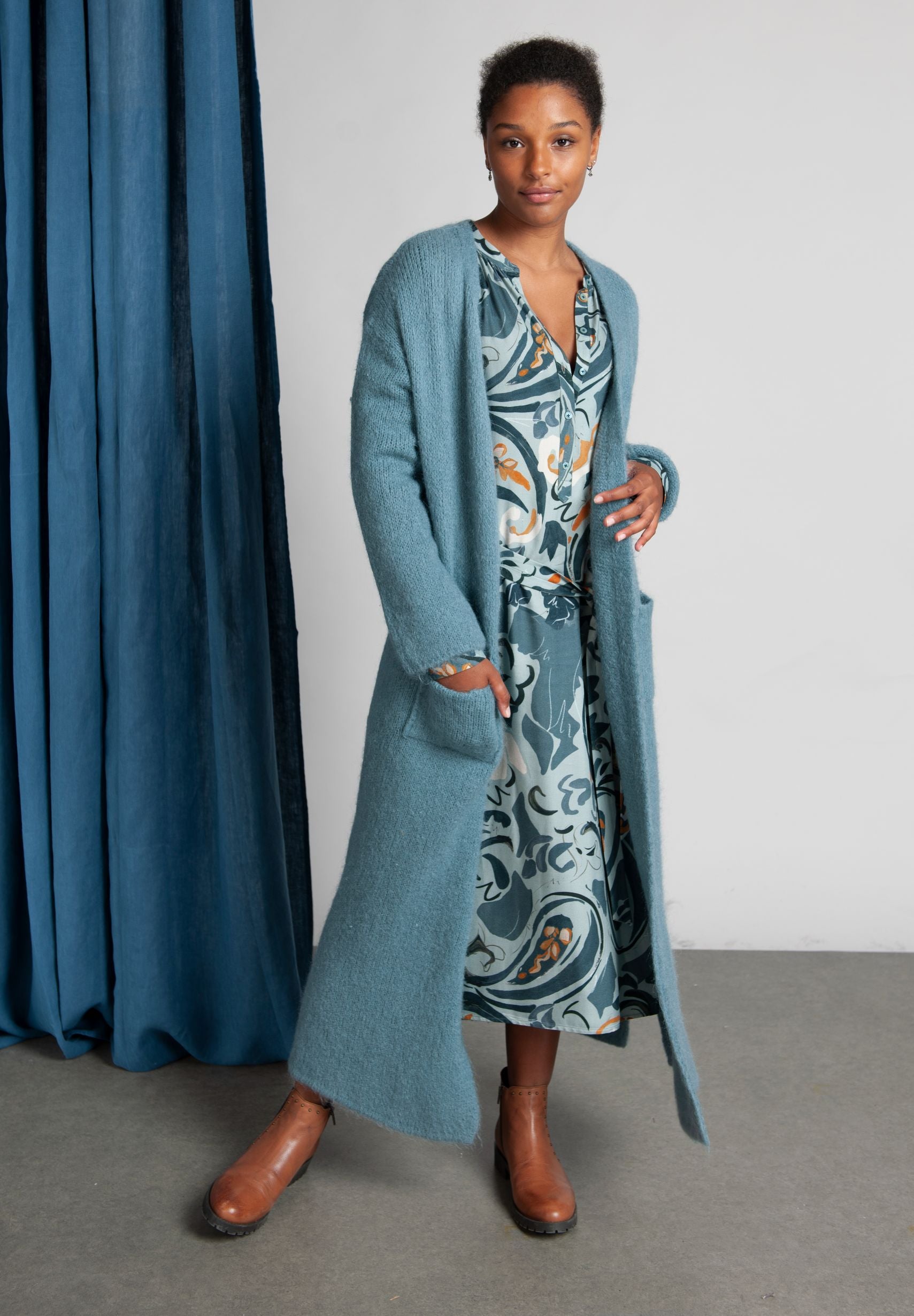 Femme Robe Midi En Viscose Bleue