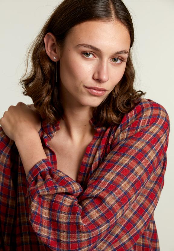 Blouse à col en V et plusieurs carreaux - Rouge