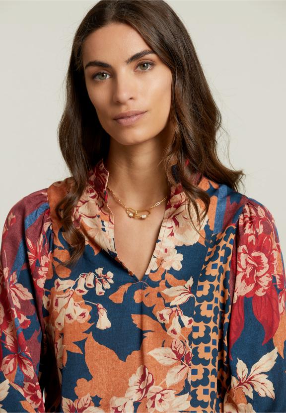 Blouse Multi-Fantaisie à Col en V - Rouge