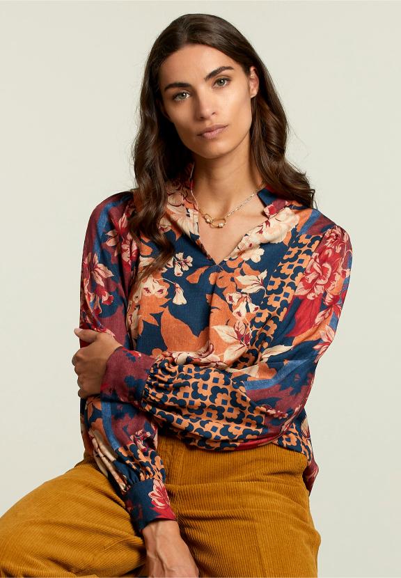 Blouse Multi-Fantaisie à Col en V - Rouge