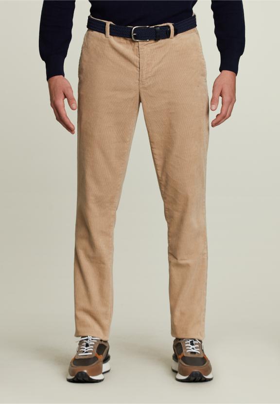 Pantalon en Velours Côtelé Beige Ajusté