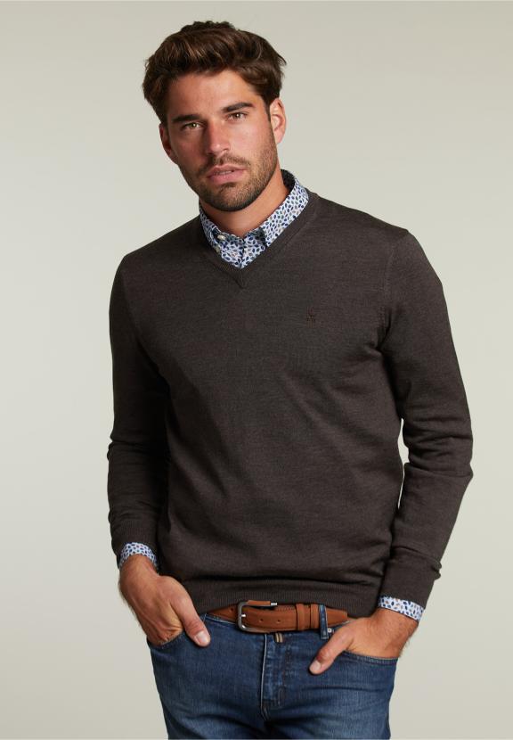 Pull en V sur mesure en mérinos Barrel Mix - Marron - RM22W-C9952_A-000