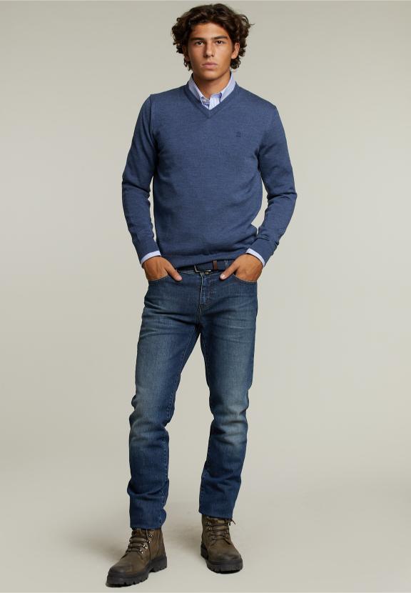 Op Maat Gemaakte Merino V-Hals Trui Denim Mix - Blauw