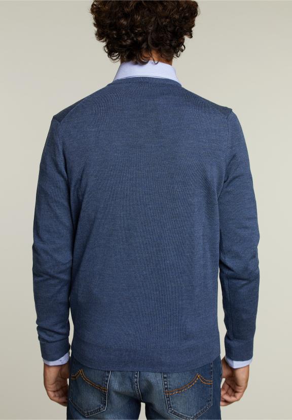 Pull en V sur mesure en mérinos mélange denim - bleu