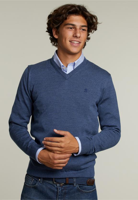 Op Maat Gemaakte Merino V-Hals Trui Denim Mix - Blauw