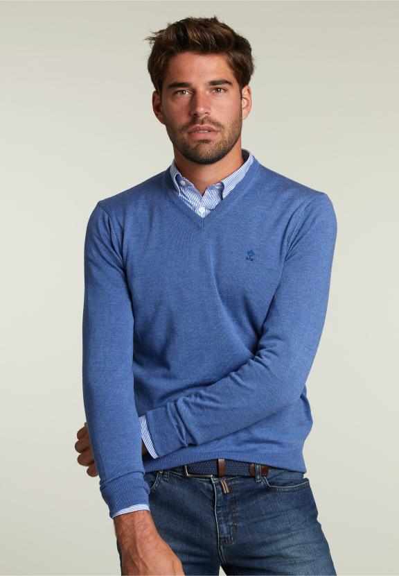 Op Maat Gemaakte Merino V-Hals Trui Stad Blauw Mix