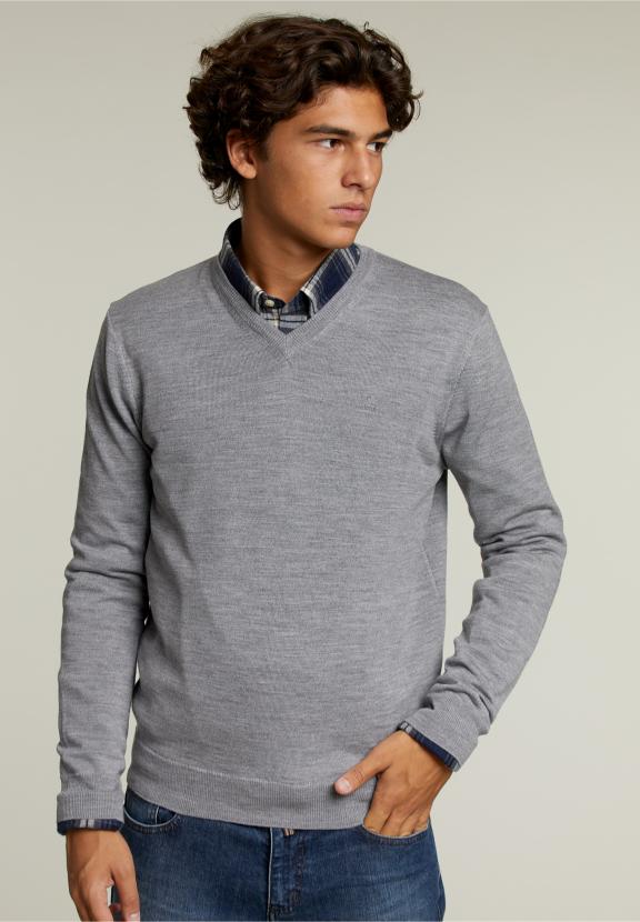 Op Maat Gemaakte Merino V-Hals Pullover Oxford Mix - Grijs