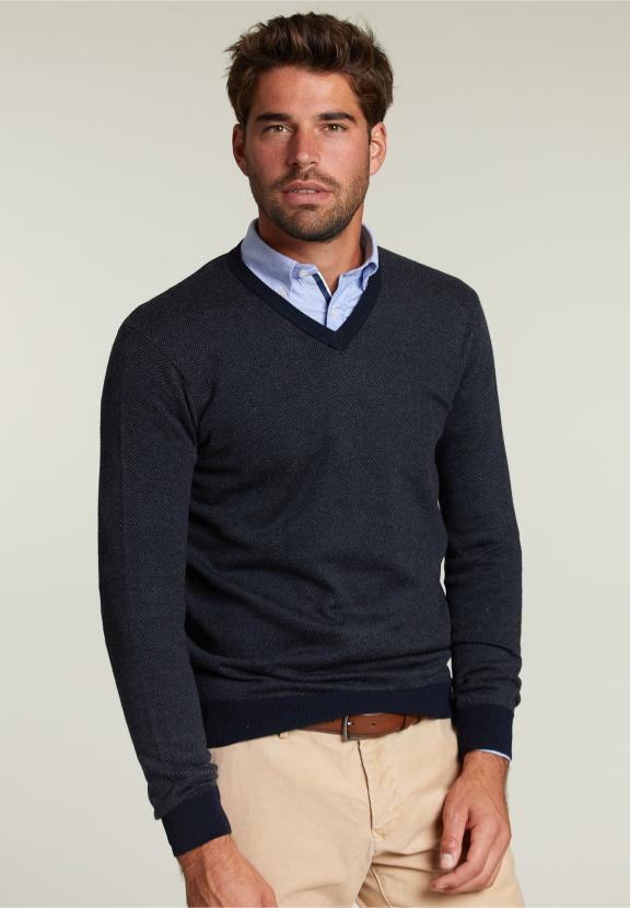 Op Maat Gemaakte Merino V-Hals Trui Navy Mix - Blauw