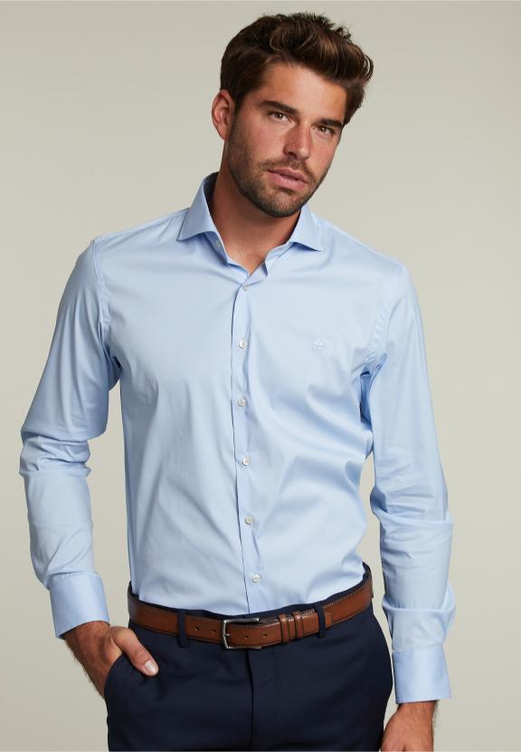 Slim Fit Effen Shirt Blauw